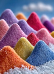 Vibrant, pastel-colored powder mounds arranged in a miniature mountain range against a clear blue sky
