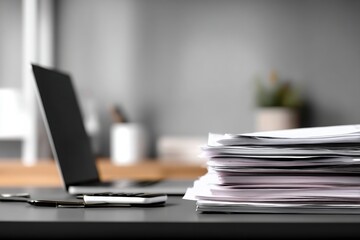 close-up of a desk in an office with documents, a laptop, and a phone on it, against a gray background, minimalistic style.