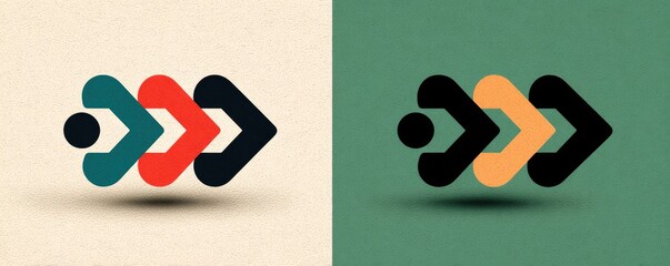 Abstract logo design showing three interconnected arrows, one circle, in teal, red, black, and orange color schemes on beige and green backgrounds