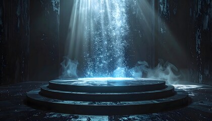 Mystical Blue Light Beam Illuminating Stone Pedestal with Bubbling Energy in Dark Chamber
