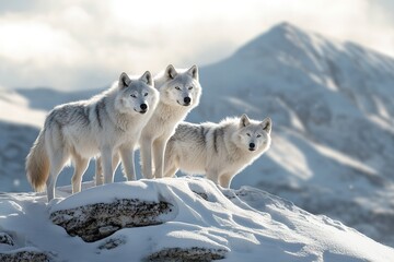 Naklejka premium A family of Arctic wolves standing on a snowy mountain, fur blowing in the wind, intense and powerful gaze