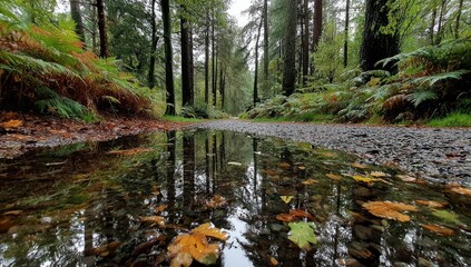 A gravel path through a rain-soaked forest reflects in a puddle, autumn leaves scattered on the ground and in the water