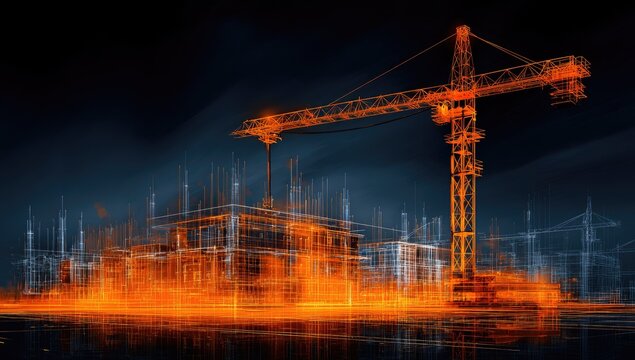 Wireframe construction scene at night, fiery orange glow illuminating a crane and building framework, reflected in dark water - Powered by Adobe