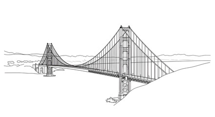 Suspension Bridge Line Art Above Water on White Background