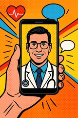 Modern pop art style of Doctor providing telemedicine consultation on smartphone with health icons