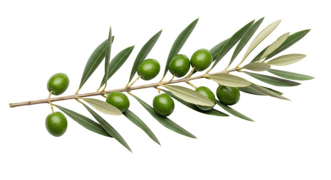 Isolated fresh olives and leaves on twig, macro close-up of sprig and raw olive branch
