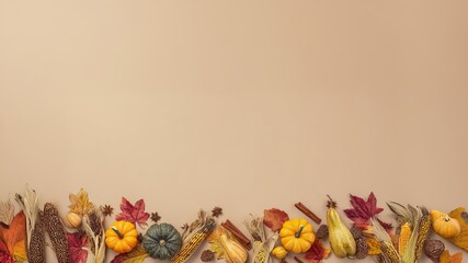 Autumn flat lay with a festive border of pumpkins, gourds, and leaves on a neutral background; a perfect Thanksgiving video template with copy space.
