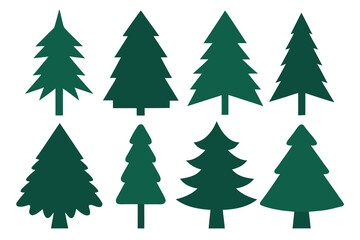 Eight Dark Green Christmas Tree Silhouettes Isolated on White Background, Festive Resource