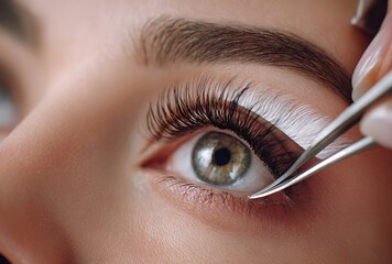 Close-up of a woman receiving professional eyelash extensions, showing precise beauty salon work with tweezers and under-eye patches for a flawless glamorous lash enhancement look.
