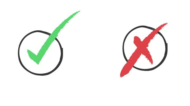 Hand-drawn green checkmark and red cross symbols illustrating concepts of approval versus rejection, validation, and decision making
