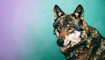 Close-up wolf portrait against gradient background