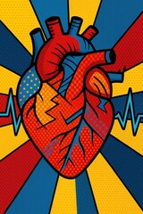 Modern pop art style of Illustration of human heart with heartbeat line in pop art style