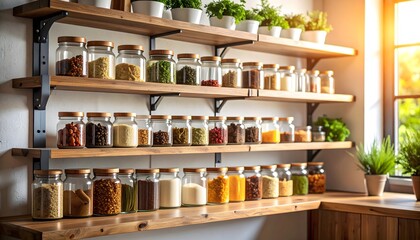 Organized Kitchen Spice Rack with Herbs and Sunlight, Wooden Shelves and Jars.