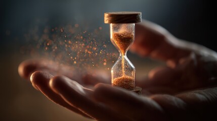Hourglass in Hand - Fleeting Time, Grains of Sand, Ephemeral Beauty, Dark Background.
