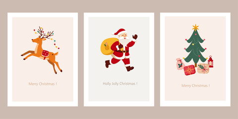Winter greeting card with Santa Claus, Christmas tree, gifts, holiday decor, reindeer, candle,  candy cane. New Year design template, print, poster