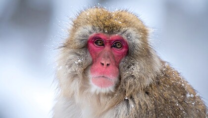 Close-up of a snow monkey in winter