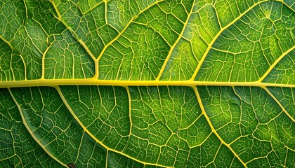 Close-up view of a leaf's intricate network of veins, showcasing a vibrant green color palette with striking yellow highlights.