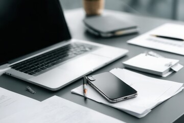 a close-up photograph of an office desk with documents, a laptop, and a mobile phone on it. the color scheme is predominantly grey, with a minimalistic, professional style