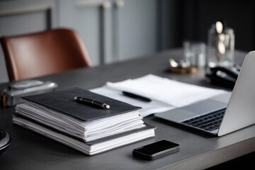 a close-up photograph of an office desk with documents, a laptop, and a mobile phone on it. the color scheme is predominantly grey, with a minimalistic, professional style