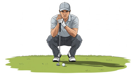 A golfer in a focused stance, preparing to putt a golf ball on the green.