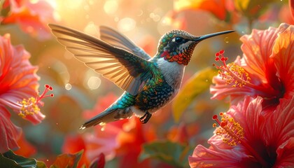 Fototapeta premium A vibrant hummingbird hovers amongst blossoms, showcasing intricate details and a rich palette of colors.