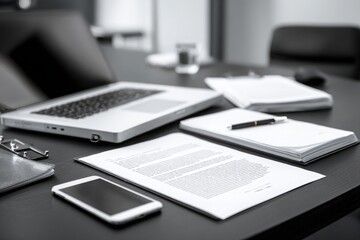 a close-up photograph of an office desk with documents, a laptop, and a mobile phone on it. the color scheme is predominantly grey, with a minimalistic, professional style