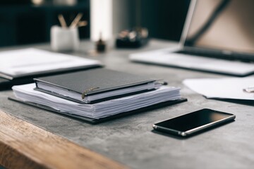 a close-up photograph of an office desk with documents, a laptop, and a mobile phone on it. the color scheme is predominantly grey, with a minimalistic, professional style