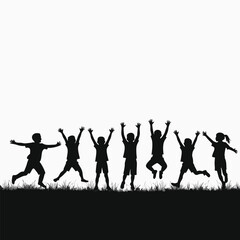 Black silhouettes of children jumping in grass against white background