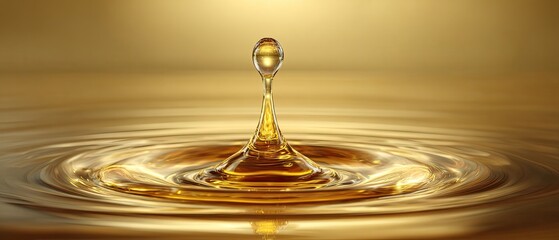 Golden liquid drop impacting a still surface, creating concentric ripples