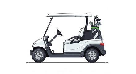 Fototapeta premium A white golf cart with golf clubs in the back, isolated on a white background.