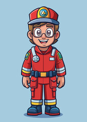 Smiling cartoon paramedic in red uniform