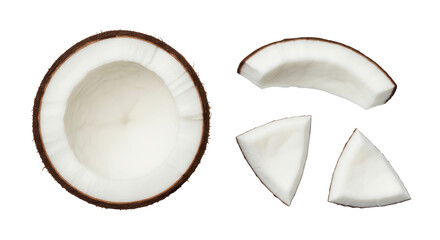 Isolated Coconut Halves and Slices, Tropical Fruit Pieces with Shell and White Flesh