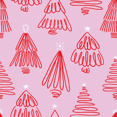 A whimsical seamless pattern featuring red hand-drawn Christmas trees on a soft pink background. The playful doodle style gives it a modern and festive charm.