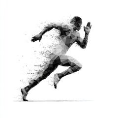 Low-poly monochrome sprinter in motion, disintegrating into particles against a white background, conveying speed and dynamism