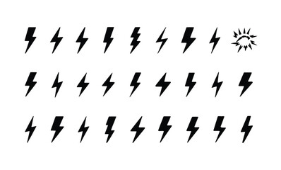 Collection of Black Lightning Bolt Icons and a Sunburst Symbol