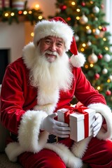 A man dressed as Santa Claus sitting on a couch holding a present