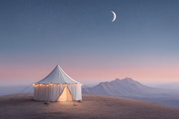 Illuminated tent on hillside under sunset merging with starlit mountain backdrop