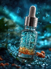 A glass dropper bottle of translucent, teal serum rests on a wet leaf, surrounded by water droplets and small, dark-brown seeds, set against a dark blue, bokeh background