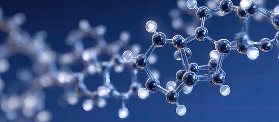 3D rendering of complex molecule structures, gleaming metallic spheres connected by translucent rods against a deep blue backdrop