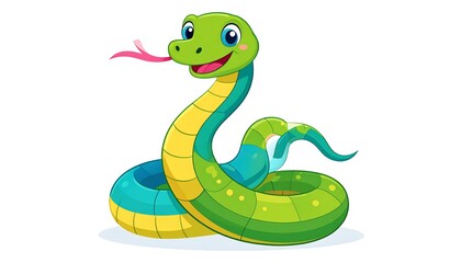 Fototapeta premium A cheerful cartoon snake rests on a bright inflatable ring, its bright green scales and happy expression creating a playful summer scene.