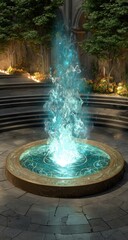 Ethereal blue flame fountain in a stone courtyard, encircled by lush greenery and tiered seating