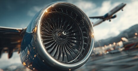 Close-up of a gleaming turbofan engine, blurred airplane and airport background, dramatic lighting