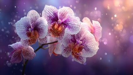 A cluster of pink and purple orchids with speckled petals, illuminated against a bokeh background of purple, blue and gold