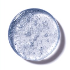 A clear, circular gel sample with numerous small air bubbles, exhibiting a slight bluish tint and a soft shadow cast on a white background