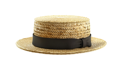 Classic Straw Boater Hat with Black Ribbon and Bow on a Transparent Background for Formal Style