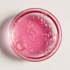 Overhead view of a clear glass petri dish filled with a vibrant pink liquid containing numerous air bubbles of varying sizes