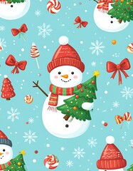 Cute Christmas pattern with snowmen, trees, and candy