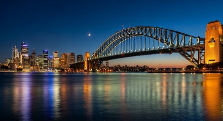 Obraz premium Sydney Harbour Bridge Night Skyline with City Lights and Reflections