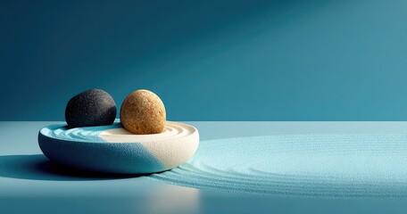 Two smooth stones rest on a bi-colored, shallow dish of sand, set against a serene blue backdrop, illuminated by a gentle light source