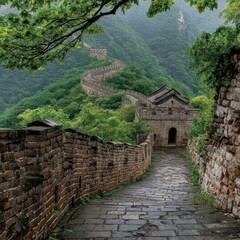 Misty mountain vista showcasing a winding section of an ancient, weathered brick wall, a stone path leading towards a small structure, framed by lush green foliage
